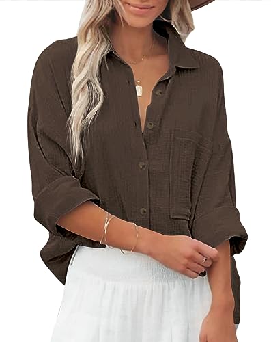 Zitiki Bluse Damen Baumwolle Lässiges Hemd V-Ausschnitt Langarm Elegant Oberteile Lose Shirts mit Brusttaschen (Small, Braun) von Zitiki