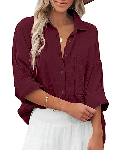 Zitiki Bluse Damen Baumwolle Lässiges Hemd V-Ausschnitt Langarm Elegant Oberteile Lose Shirts mit Brusttaschen (XX-Large, Burgunderrot) von Zitiki