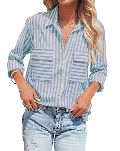 Zitiki Damen Bluse Elegant Streifenbluse V-Ausschnitt Lässig Hemd Langarm Stilvoll Shirt Büro Arbeit Tops mit Tasche (Large, Blau) von Zitiki