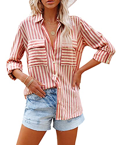 Zitiki Damen Bluse Elegant Streifenbluse V-Ausschnitt Lässig Hemd Langarm Stilvoll Shirt Büro Arbeit Tops mit Tasche (Large, Rot) von Zitiki