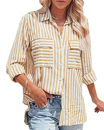 Zitiki Damen Bluse Elegant Streifenbluse V-Ausschnitt Lässig Hemd Langarm Stilvoll Shirt Büro Arbeit Tops mit Tasche (Medium, Gelb) von Zitiki