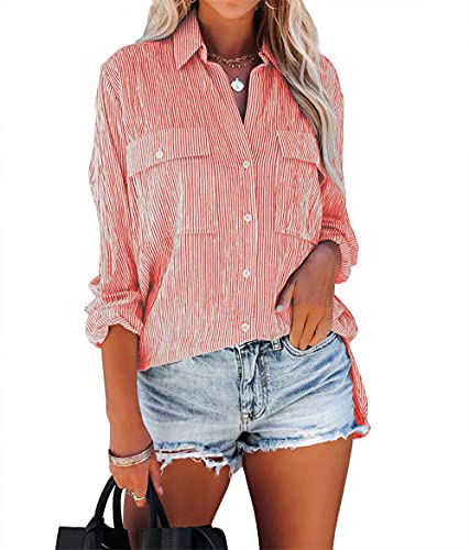 Zitiki Damen Bluse Elegant Streifenbluse V-Ausschnitt Lässig Hemd Langarm Stilvoll Shirt Büro Arbeit Tops mit Tasche (Medium, Nadelstreifen rot) von Zitiki