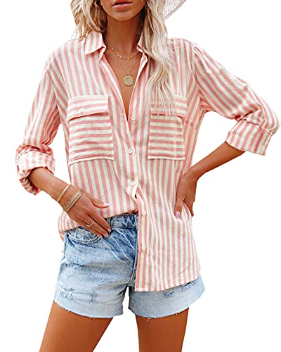 Zitiki Damen Bluse Elegant Streifenbluse V-Ausschnitt Lässig Hemd Langarm Stilvoll Shirt Büro Arbeit Tops mit Tasche (Medium, Rosa) von Zitiki