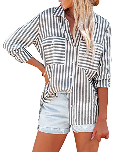 Zitiki Damen Bluse Elegant Streifenbluse V-Ausschnitt Lässig Hemd Langarm Stilvoll Shirt Büro Arbeit Tops mit Tasche (Medium, Schwarz) von Zitiki