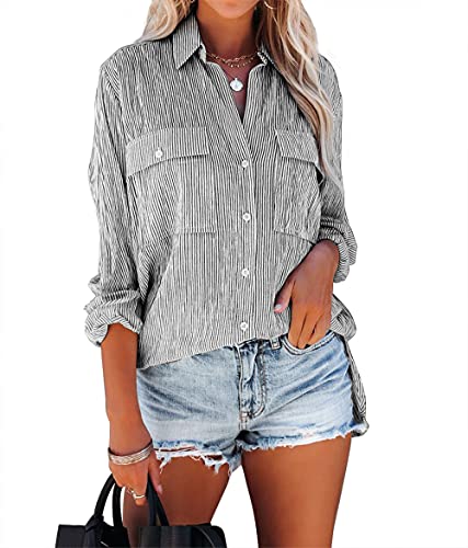 Zitiki Damen Bluse Elegant Streifenbluse V-Ausschnitt Lässig Hemd Langarm Stilvoll Shirt Büro Arbeit Tops mit Tasche (Small, Nadelstreifen schwarz) von Zitiki