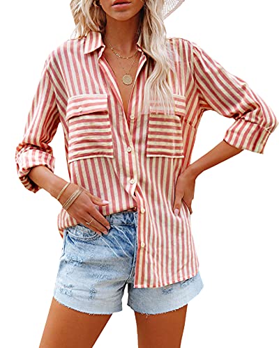 Zitiki Damen Bluse Elegant Streifenbluse V-Ausschnitt Lässig Hemd Langarm Stilvoll Shirt Büro Arbeit Tops mit Tasche (Small, Rot) von Zitiki