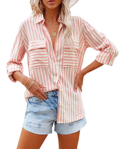 Zitiki Damen Bluse Elegant Streifenbluse V-Ausschnitt Lässig Hemd Langarm Stilvoll Shirt Büro Arbeit Tops mit Tasche (XX-Large, Rosa) von Zitiki