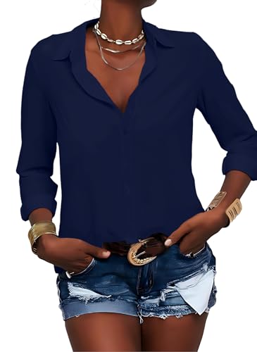 Zitiki Damen Bluse Elegant V-Ausschnitt Hemd Button-Down Shirt Langarm Chiffon Büro Casual Business Tops (Large, Dunkelblau) von Zitiki