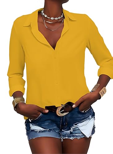 Zitiki Damen Bluse Elegant V-Ausschnitt Hemd Button-Down Shirt Langarm Chiffon Büro Casual Business Tops (Large, Gelb) von Zitiki