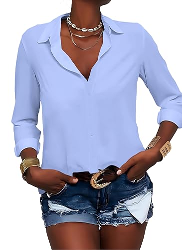 Zitiki Damen Bluse Elegant V-Ausschnitt Hemd Button-Down Shirt Langarm Chiffon Büro Casual Business Tops (Large, Hellblau) von Zitiki