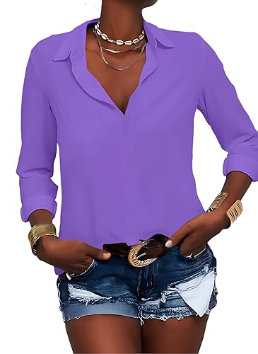 Zitiki Damen Bluse Elegant V-Ausschnitt Hemd Button-Down Shirt Langarm Chiffon Büro Casual Business Tops (Large, Lila) von Zitiki