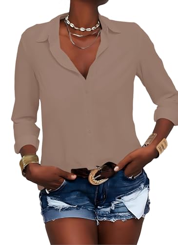 Zitiki Damen Bluse Elegant V-Ausschnitt Hemd Button-Down Shirt Langarm Chiffon Büro Casual Business Tops (Small, Khaki) von Zitiki