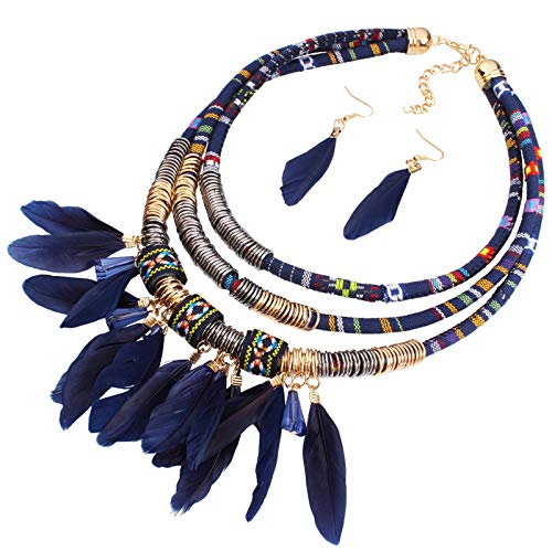 Halskette mit Feder-Anhänger im afrikanischen Tribal-Stil, mehrschichtige Halskette, Federohrringe, Boho-Stil, für Damen und Herren, Standard, Metallfeder Halskette mit Feder-Anhänger im afrikanischen Tribal-Stil, mehrschichtige Halskette, Federohrringe, Boho-Stil, für Damen und Herren, Standard, Metallfeder von Ziting0591