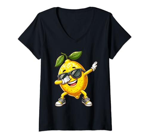 Damen Dabbing gelbe Zitrone | Lustige Zitrone mit Zitronenmotiv T-Shirt mit V-Ausschnitt von Zitrone Designer Designs