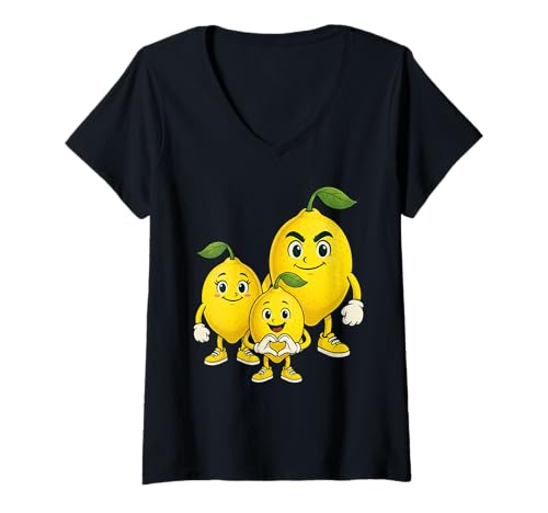 Damen Zitrone mit Herz und Familie | Süße Zitrone mit Mama & Papa T-Shirt mit V-Ausschnitt von Zitrone Designer Designs