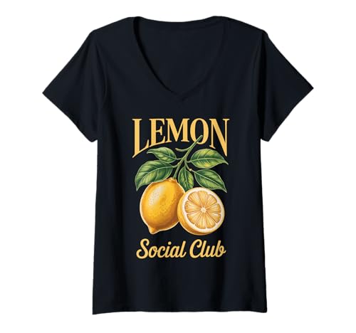 Damen Lemon Social Club T-Shirt mit V-Ausschnitt von Zitrone Zitrusfrucht Limonade