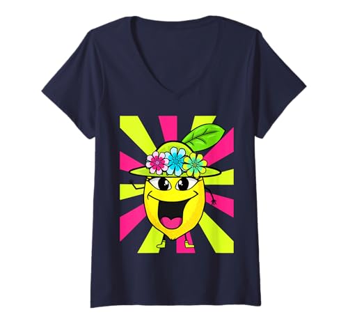 Damen Zitrone Retro Kind witzig lustige Zitrone Frucht Vintage T-Shirt mit V-Ausschnitt von Zitronen Zitrone Lemonen Obst Frucht