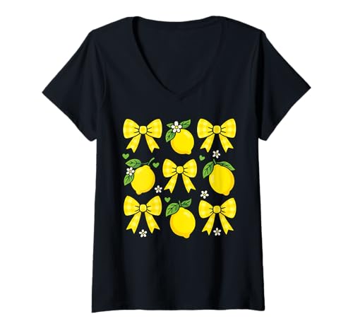 Damen Zitrone Kokette Gelbe Schleifen T-Shirt mit V-Ausschnitt Damen Zitrone Kokette Gelbe Schleifen T-Shirt mit V-Ausschnitt von Zitrusfrucht Süß Limone