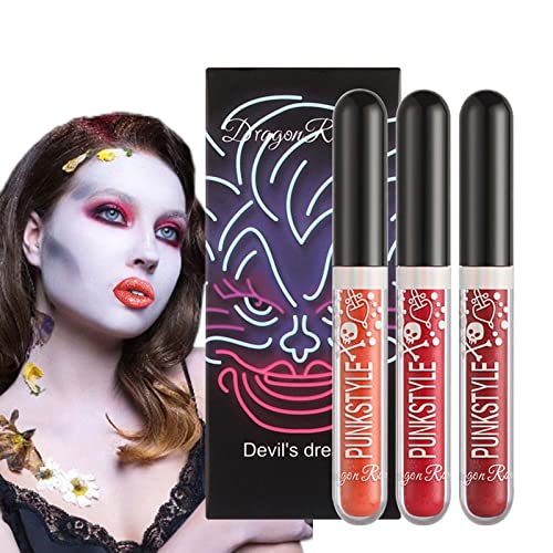 Flüssiger Lipgloss, 3-farbiges flüssiges Lippenstift-Set, Lipgloss, wasserfester Halloween-Diamant-glänzender Schimmer-Lipgloss für Frauen von Ziurmut