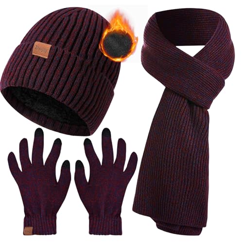 Ziwijity Schal Mütze und Touchscreen Handschuhe Set Für Herren Damen，Winter 3 In 1 Mütze Schal Handschuh Beanie Strickmütze Langer Schal Verdickte Und Weiche Wolle (Burgunderrot) von Ziwijity