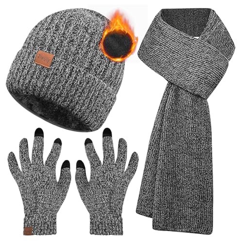 Ziwijity Schal Mütze und Touchscreen Handschuhe Set Für Herren Damen，Winter 3 In 1 Mütze Schal Handschuh Beanie Strickmütze Langer Schal Verdickte Und Weiche Wolle (Sisal grau) von Ziwijity