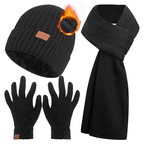 Ziwijity Schal Mütze und Touchscreen Handschuhe Set Für Herren Damen，Winter 3 In 1 Mütze Schal Handschuh Beanie Strickmütze Langer Schal Verdickte Und Weiche Wolle von Ziwijity