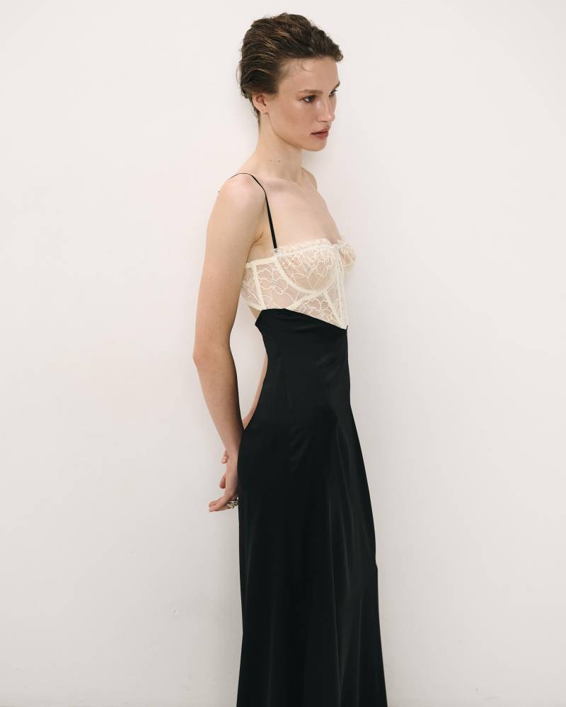 Seide Abendkleid Mit Korsett Spitze Top, Langes Schwarzes Slip Kleid Spaghetti Trägern, Elegantes Für Frauen, Hochzeitsgast Outfit von ZiyaiStudio