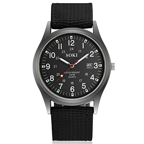 Ziyan Herren Uhr Military Army Leinwand Kalender Analog Quarz Sport Armbanduhr Quarzwerk mit Nylon Armband Luminous Datumanzeiger (Schwarz) von Ziyan