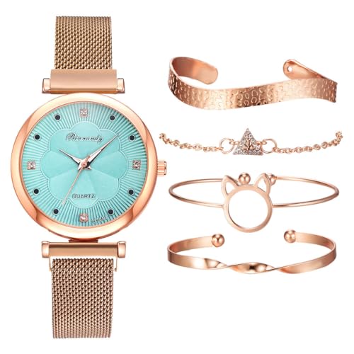 Ziyan Quarz Armbanduhren für Frauen, 5 Stück/Satz Armband Set für Damen Damenuhren Armbanduhren Strass Uhr Set Geschenk (Grün+Armband) von Ziyan