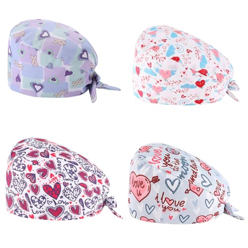 Ziyonix 4 Stück OP Haube Baumwoll Peeling-Mütze mit Schweißband und Knöpfen Chirurgische Hut Staubkappe Verstellbar Bandana Cap Kochmütze für Damen Herren von Ziyonix