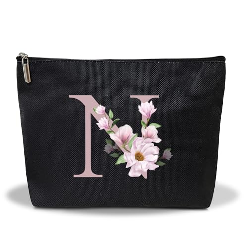 Ziyouza Schwarze Monogramm-Make-up-Tasche für Damen, Geschenk für Mutter, Schwester, Brautjungfer, Braut, personalisierte Initialen-Kosmetiktasche für Freunde, Besties, Lehrer, Kulturbeutel mit von Ziyouza