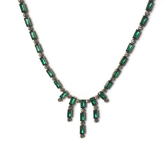 Art-Deco-Silber Smaragdgrün Klare Paste Verzierten Rivière Halskette von ZiziKim