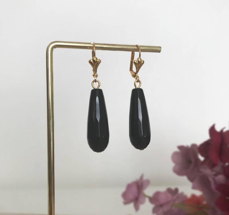 Art-Deco-Stil Vergoldete Schwarze Quarz Stein Teardrop Ohrringe von ZiziKim