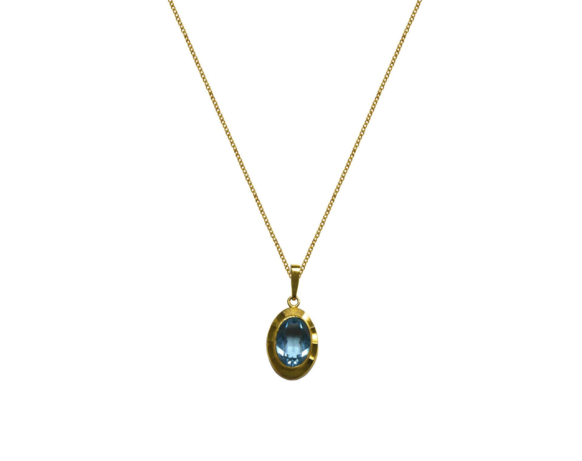 Vintage 1950Er Jahre Gerollte Gold Überzogene Topas Blue Crystal Strukturierte Ovale Anhänger Kette Layer Stacking Halskette Signiert A D von ZiziKim