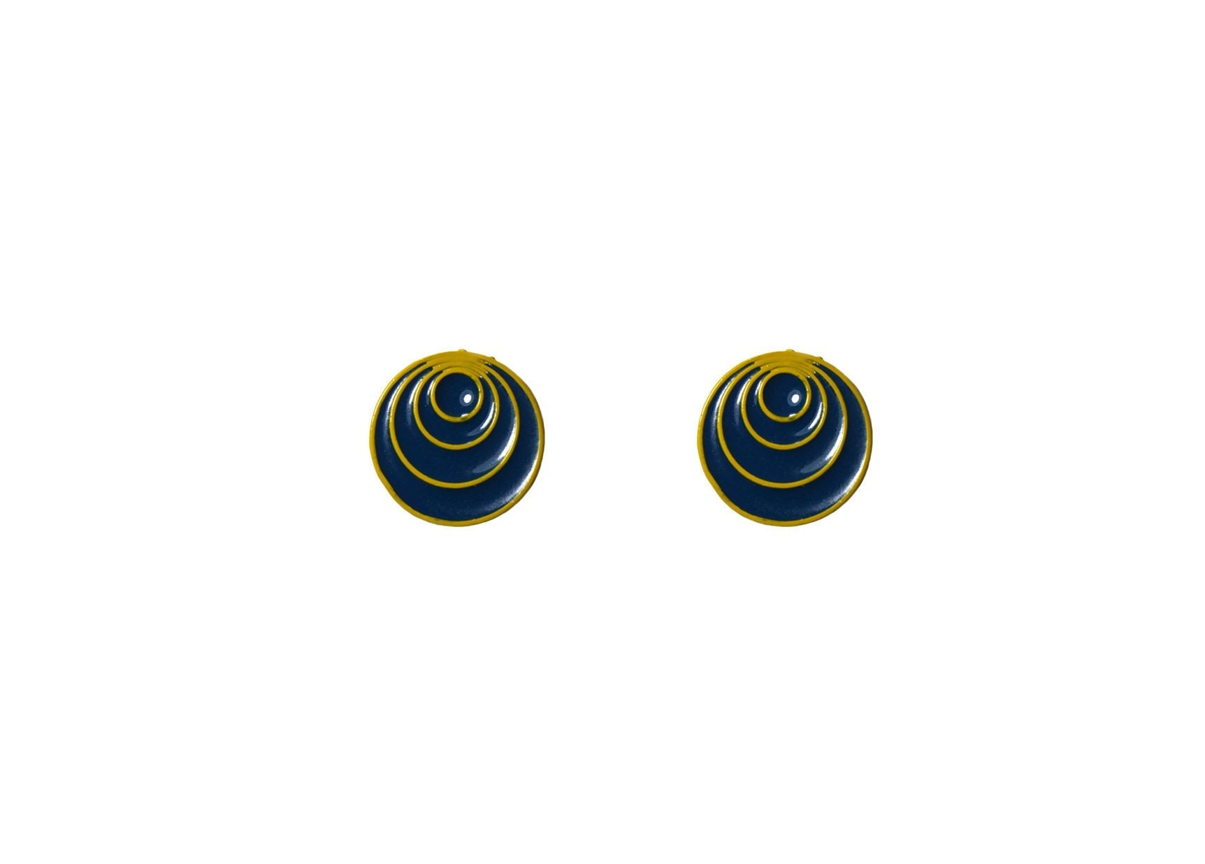 Vintage 1980Er Blau Senfgelb Emaille Geometrisch Rund Kreis Spiral Form Farbblock Medium Retro Statement Ohrstecker von ZiziKim