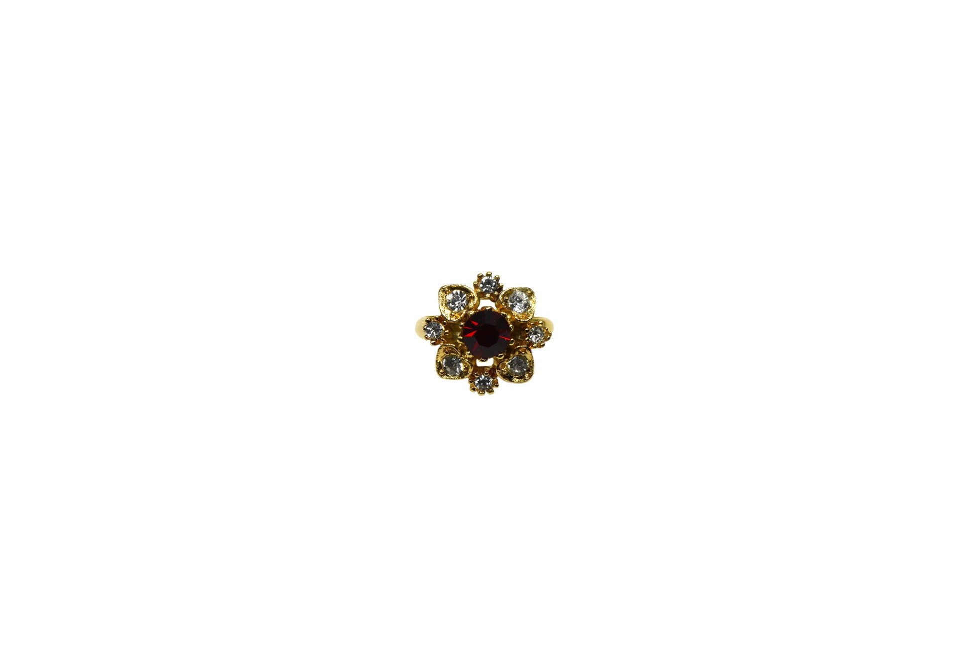 Vintage 1980Er Gold Rot Klar Kristall Verkrustete Blumen Blume Statement Verstellbarer Ring von ZiziKim