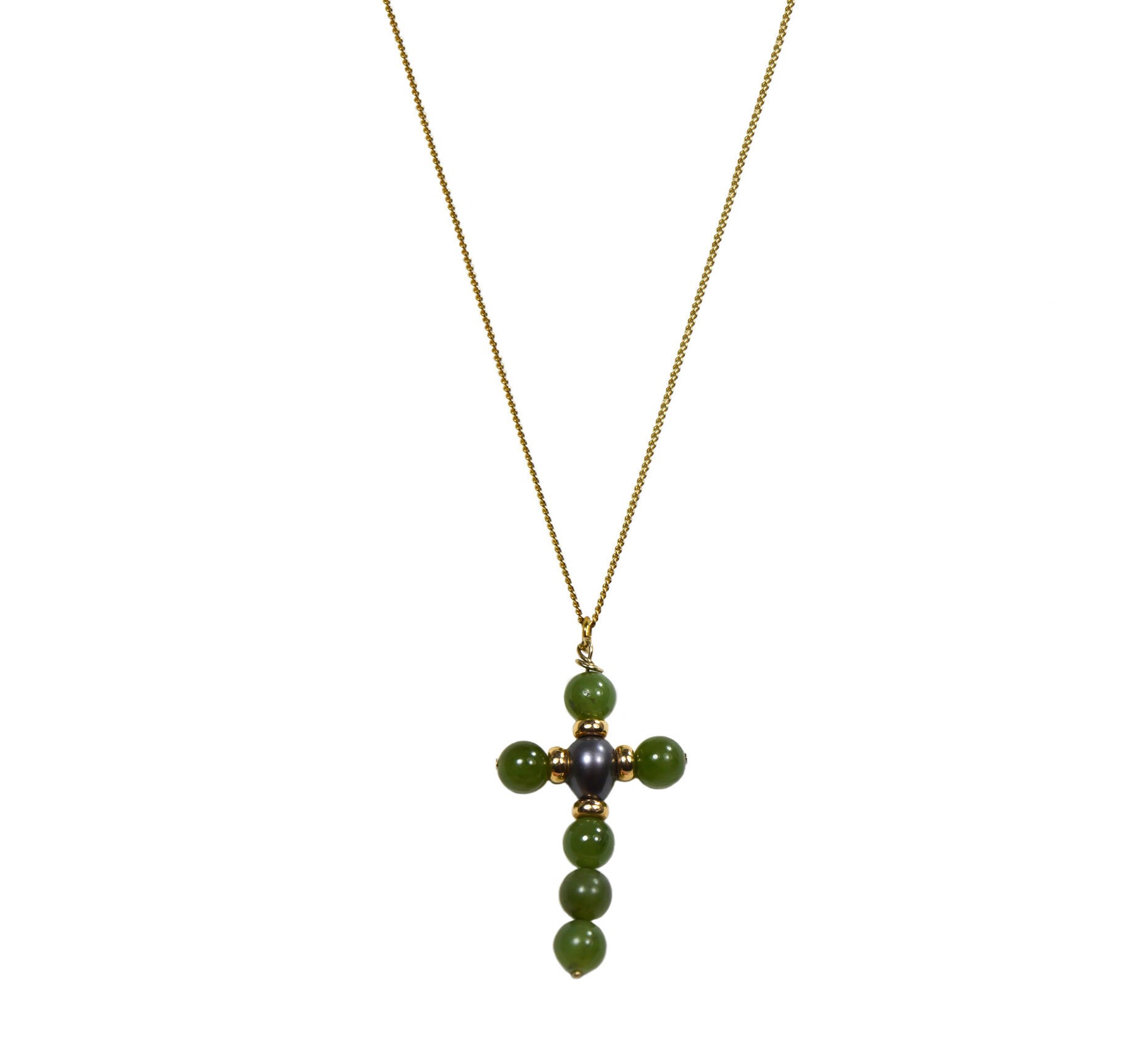 Vintage 1990Er Jahre Gold Grüne Jade Grau Perle Kruzifix Kreuz Rood Medium Anhänger Kette Halskette von ZiziKim