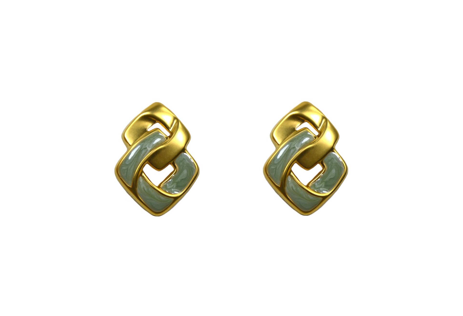 Vintage 1990Er Matte Gold Grün Schimmer Swirl Emaille Interlinked Diamant Form Große Statement Ohrstecker von ZiziKim