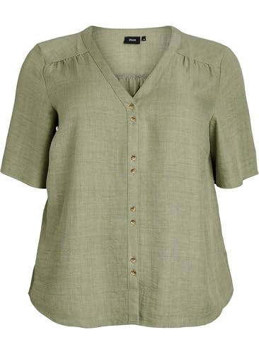 Zizzi Damen Große Größen Hemdbluse Kurze Ärmel V-Ausschnitt Größe Gr S Oil Green von Zizzi