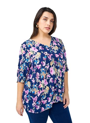 Zizzi Damen Große Größen Hemdbluse Viskose Kurzarm Größe Gr XL Blue Multi AOP von Zizzi