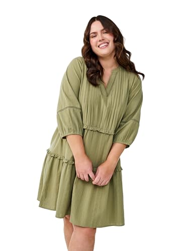 Zizzi Damen Große Größen Kleid 3/4 Ärmel V-Ausschnitt Baumwolle Größe Gr S Oil Green von Zizzi