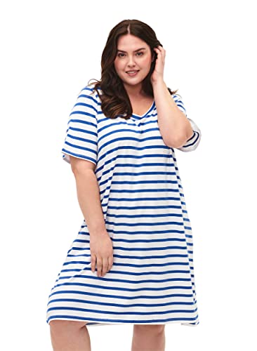 Zizzi Damen Große Größen Kleid Baumwolle Kurze Ärmel Streifen Gr 46-48 Blue Stripes von Zizzi