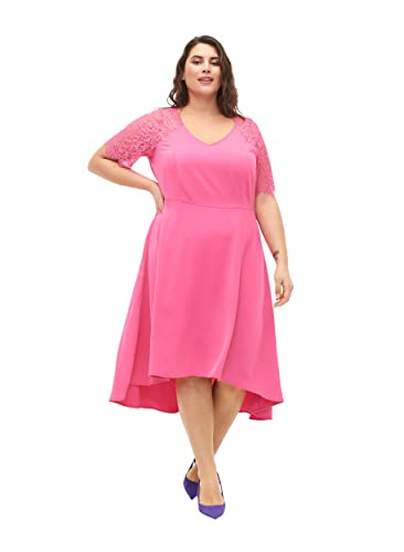 Zizzi Damen Große Größen Midikleid Spitze Kurze Ärmel Gr 54-56 Shocking Pink von Zizzi