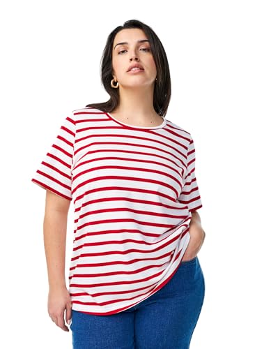 Zizzi Damen Große Größen T-Shirt Baumwolle Rundhalsausschnitt Streifen Gr Gr S Urban Red B.W.Stripe von Zizzi