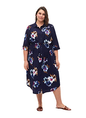 Zizzi Flash by Damen Große Größen Midikleid Knöpfe Print Gr 42-44 Big Blue Flower von Zizzi