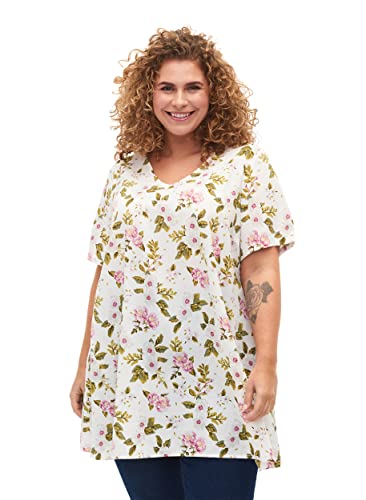 Zizzi Flash by Damen Große Größen Tunika Print Kurze Ärmel 42-44 Off White Flower von Zizzi