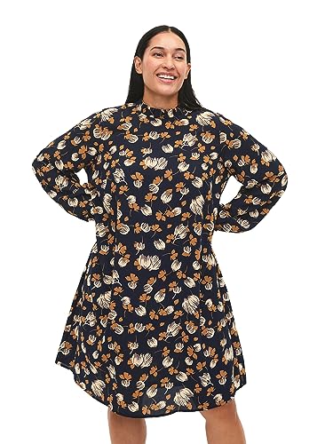 Zizzi Flash by Frauen Große Größen Kleid, Bedruckt, Lange Ärmel Größe 46-48 Navy Brown Flower von Zizzi