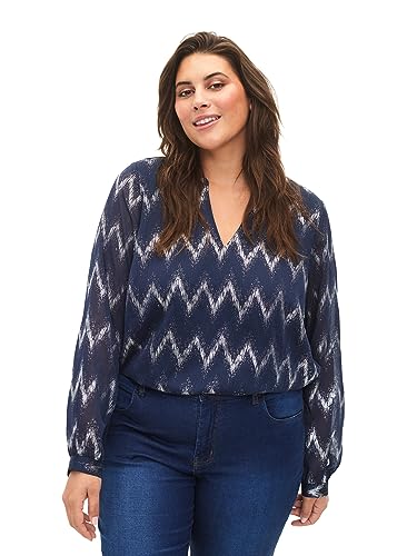 Zizzi Frauen Große Größen Bluse Druck Lange Ärmel Größe 42-44 Navy B/Silver Zigzag von Zizzi