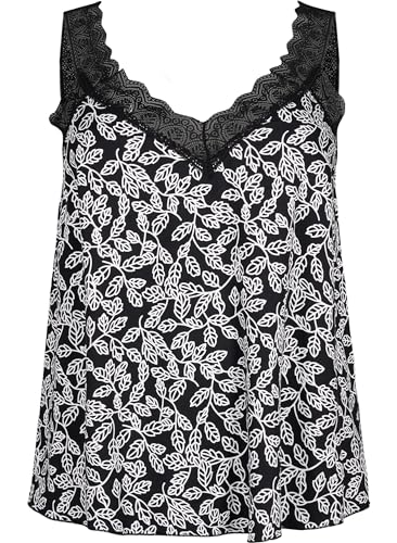Zizzi Frauen Große Größen Singlet Top Viskose Spitze Größe Gr S Black w. Wh.Leaf AOP von Zizzi