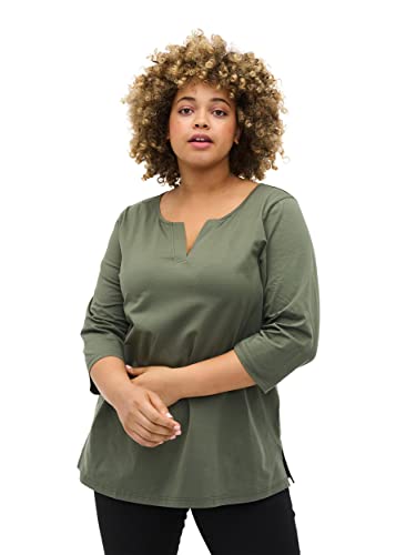 Zizzi Große Größen Damen Baumwollbluse mit 3/4-Ärmeln Gr - Plus Size Damen Kleidung 50-52 Thyme von Zizzi